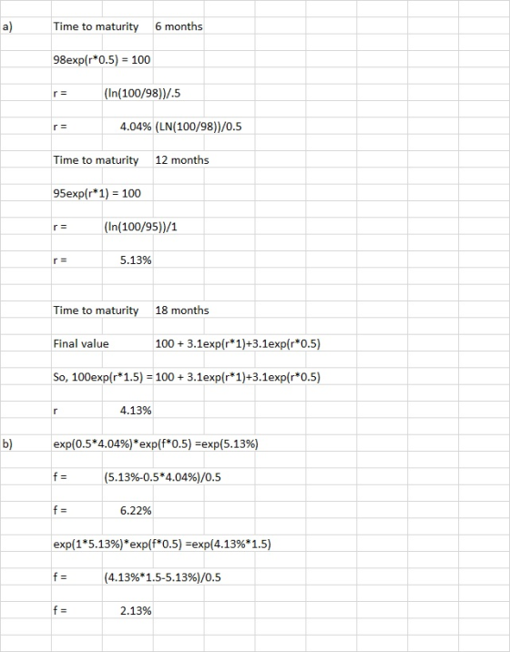 Time to maturity 6 months a) 98exp(r*0.5) 100 (In(100/98)V.5 4.04% (LM100/98))/0.5 Time to maturity 12 months 95exp(r1) 100 (