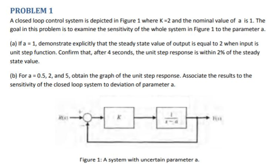 PROBLEM 1 A closed loop control system is depicted in Figure 1 where K 2 and the nominal value of a is 1. The goal in this pr