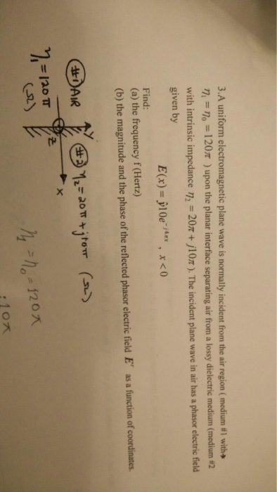 3.A uniform electromagnetic plane wave is normally incident from the air region ( medium #1 with+ η = η。= 120π ) upon the pla