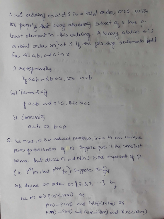 A well ordesing on aset S is a ttal o de ons with (Ko s has a Subset Y least elimont fn tis Le lalsen is A a dutal orde on se
