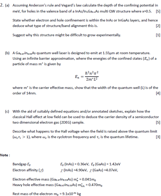 2. (a) Assuming Andersons rule and Vegards law calculate the depth of the confining potential in meV, for holes in the vale