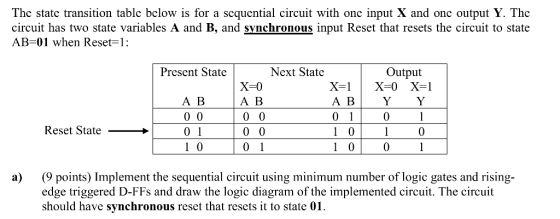 Thc state transition table bclow is for a sequential circuit with onc input X and onc output Y. The circuit has two state var