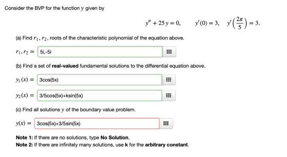 Consider the BVP for the function y given by 21T (a) Find ri, r2, roots of the characteristic polynomial of the equation abov
