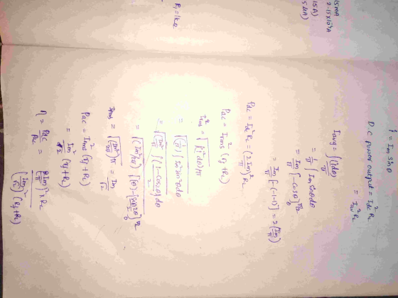D.C Powes output = Idc R SMA 2-15X10 A Lavg-(de 15 A) Ln SinBde -asos Pac- Trms te) Rlke Idsioodo Pac Ims Im (atfa) Pac Pae C