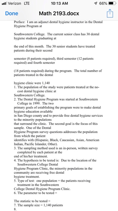 Verizon LTE 10:13 AM 66% Math 2193.docx Done Preface: I am an adjunct dental hygiene instructor in the Dental Hygiene Program