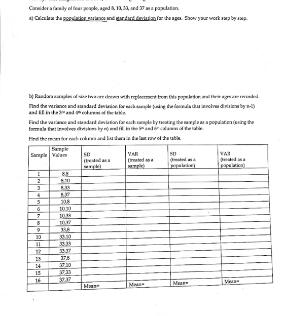 Consider a family of four people, aged 8, 10, 33, and 37 as a population a) Calculate the population variance and standard de