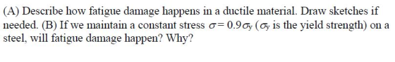 (A) Describe how fatigue damage happens in a ductile material. Draw sketches if needed. (B) If we maintain a constant stress