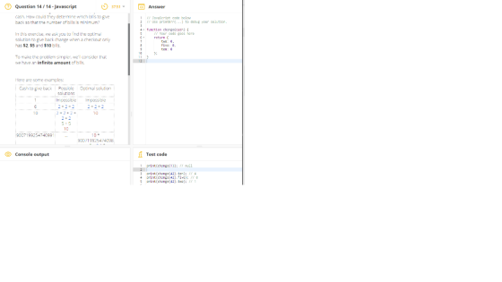 Question 14/14-Javascript ( 3751 Answer Eve hark sn than thenumber of bille le minimum? dohue vour solution. function chargo(
