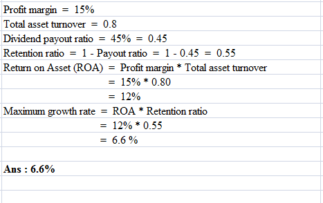 Profit margin 15% Total asset turnover = 0.8 Dividend payout ratio = 45% = 0.45 Retention ratio 1 - Payout ratio 1 -0.45 = 0.