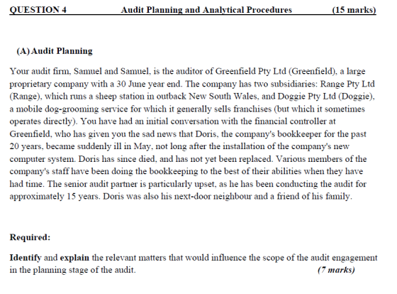 QUESTION 4 Audit Planning and Analytical Procedures (15 marks) (A)Audit Planning Your audit firm, Samuel and Samuel, is the a