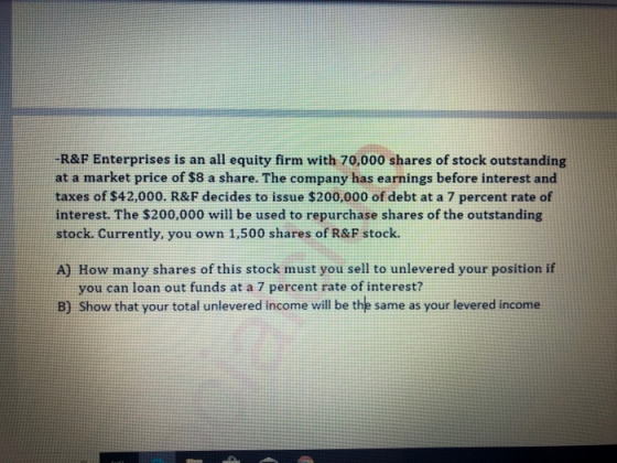 How To Solve This R F Enterprises Is An All Equity Firm With 70 000 