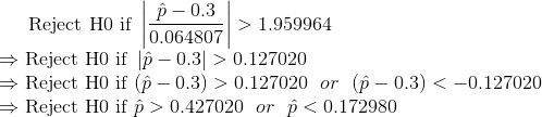 \text{Reject H0 if }\left |{\frac{\hat{p}-0.3}{0.064807}} \right | > 1.959964 \\ \Rightarrow \text{Reject H0 if } \left |\hat{p}-0.3 \right | > 0.127020 \\ \Rightarrow \text{Reject H0 if } (\hat{p}-0.3) > 0.127020 \ \ or \ \ (\hat{p}-0.3) <-0.127020 \\ \Rightarrow \text{Reject H0 if } \hat{p} > 0.427020 \ \ or \ \ \hat{p} < 0.172980