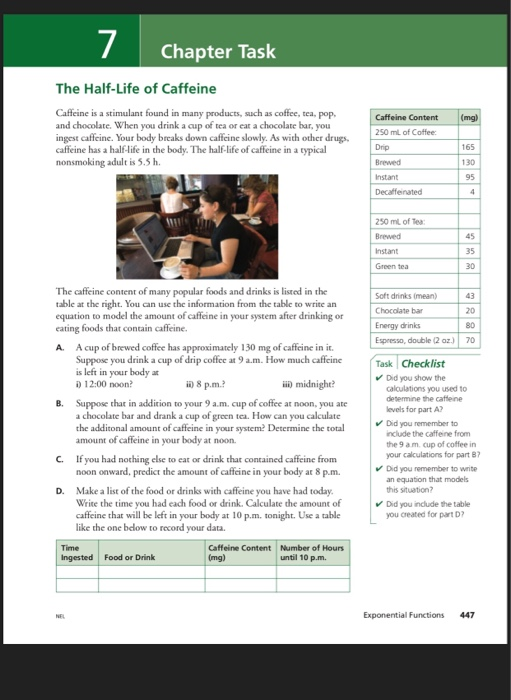 7 Chapter Task The Half-Life of Caffeine Caffeine is a stimulant found in many products, such as coffee, tea, pop, and chocol