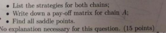 List the strategies for both chains; Write down a pay-off matrix for chain A; Find all saddle points. No explanation necessar