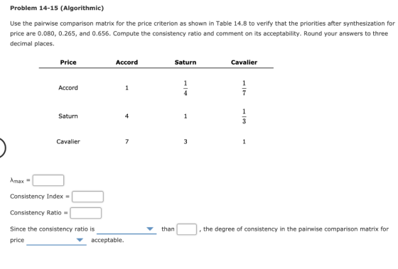 Problem 14-15 (Algorithmic) Use the pairwise comparison matrix for the price criterion as shown in Table 14.8 to verify that