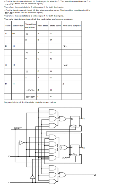 . For the input values 00 and 11, D changes its state to C. The transition condition for D is xY+XY (there are no common inpu