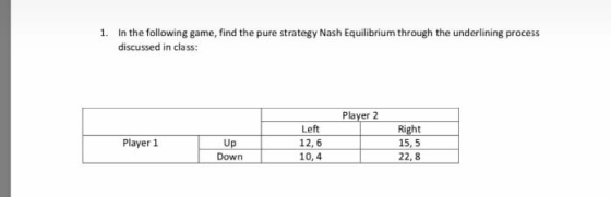 1. In the following game, find the pure strategy Nash Equilibrium through the underlining process discussed in class Player 2