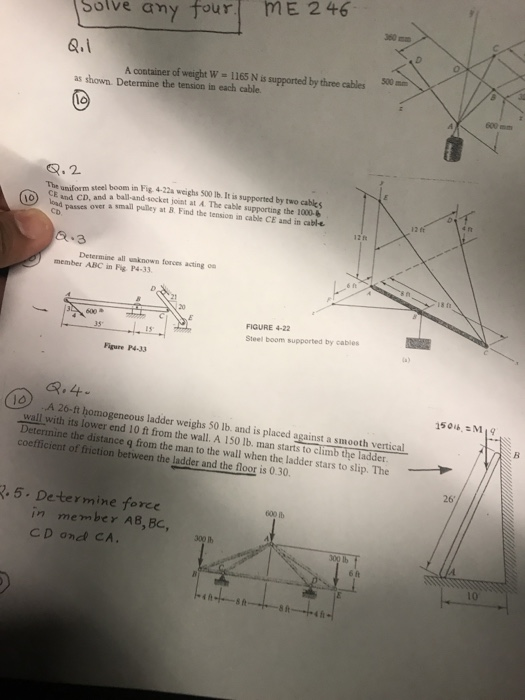 Solve ay four ME 246 Q.i A container of weight W - 1165 N is supported by threecables 530 mm as shown. Determine the tension