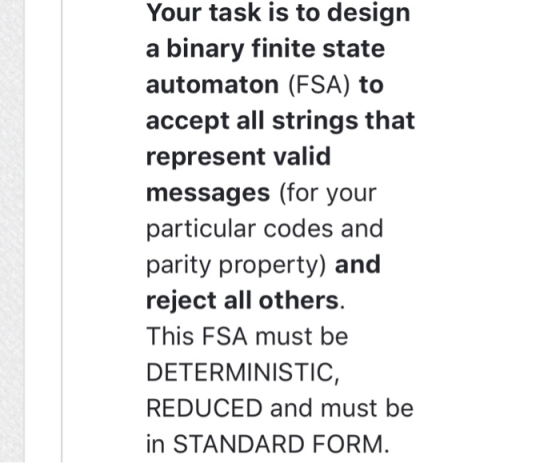 Your task is to design a binary finite state automaton (FSA) to accept all strings that represent valid messages (for your pa