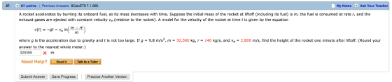 Ask Your Teacher 27 1 points Previous Answers SCalcETB 7.1.068 . My Notes mass decreases with time. Suppose the initial mass