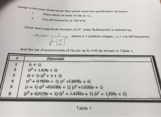 Design a low-pass Butterworth filter which meet the specification as below: . Attenuation at least 18 dB at 3o i. Cut-off fre