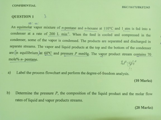CONFIDENTIAL BKC/1617/BKF2343 QUESTION 1 An equimolar vapor mixture of n-pentane and n-hexane at 110°C and 1 atm is fed into