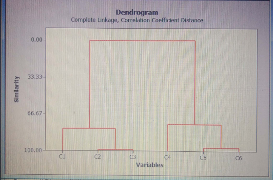 Dendrogram Complete Linkage, Correlation Coefficient Distance 0.00 33.33- 66.67 100.00 C1 DB C4 C5 C6 Variables