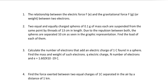 The relationship between the electric force F (e) and the gravitational force F (g) (or 1. weight) between two electrons. Two
