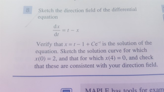 8 Sketch the direction field of the differential equation dx dt Verify that x t-1 Ce is the solution of the equation. Sketch