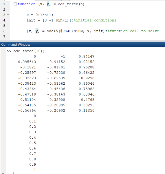 function [x, yl ode three (n) 1 2 0:1/n: 1 [0 -1 sin (1)1;%initial conditions X init 4 _ [x, у] ode45 (@RK4SYSTEM, x, init);%