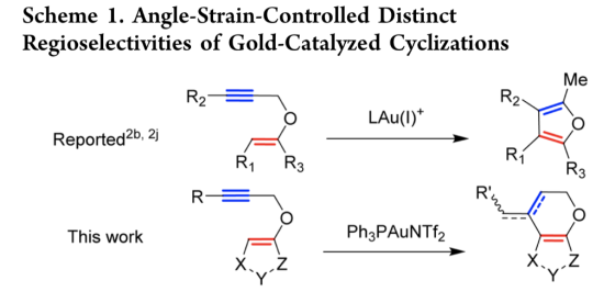 Scheme 1. Angle-Strain-Controlled Distinct Regioselectivities of Gold-Catalyzed Cyclizations Me R2 LAu() Reported2b, 2 R1R3 T