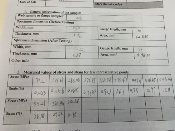 Date of Lab Mark (for tutor only) 1. General information of the sample: Web sample or flange sample? web Specimen dimension (