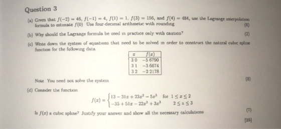 Question 3 (a) Grven that f(-2)= 46, f(-1) 4, J(1) 1, f(3)= 156, and f(4)= 484, formula to estimate f(0) Use four-decimal ari
