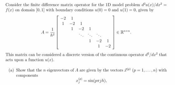 Consider the finite difference matrix operator for the 1D model problem u(/d2- f(x) on domain [0, 1] with boundary conditions