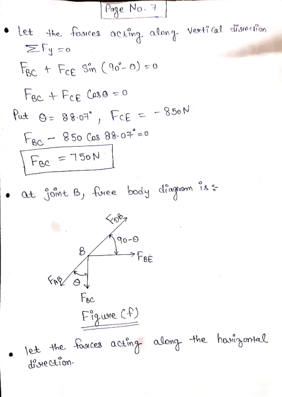 Page No.7 the foces acting. along let FeC FCE Sin 9- o) 850 N Put 88 07 FCE Fec 850 Cos 88.00 750N Fec jOMt B foee body dinga