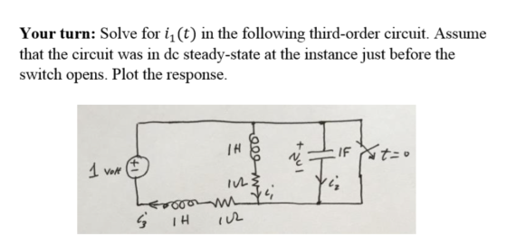 Your turn: Solve for i1(t) in the following third-order circuit. Assume that the circuit was in dc steady-state at the instan