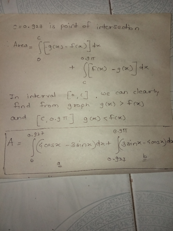 point ot irtersectio n C=0.927 1s C. Area SE O9 IT x)-g()dx + C clearty Co,]. can we In interval pul and g ce) fx G-9TT 0.927