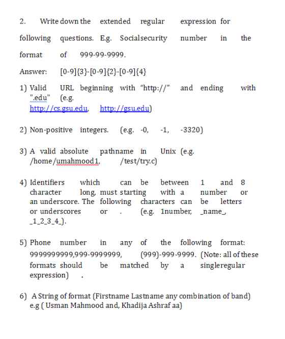 regular Write down the extended 2. expression for following questions. E.g. Socialsecurity number the in format of 999-99-999