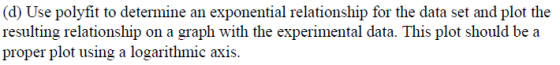 (d) Use polyfit to determine an exponential relationship for the data set and plot the resulting relationship on a graph with