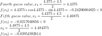4.375+ 4.5 4.4375 Fourth guess value,14 f(4.4375* cos4.4375 -sin4.4375-0.24206004825 0 Fifth guess value,15 = ()0.0217040656