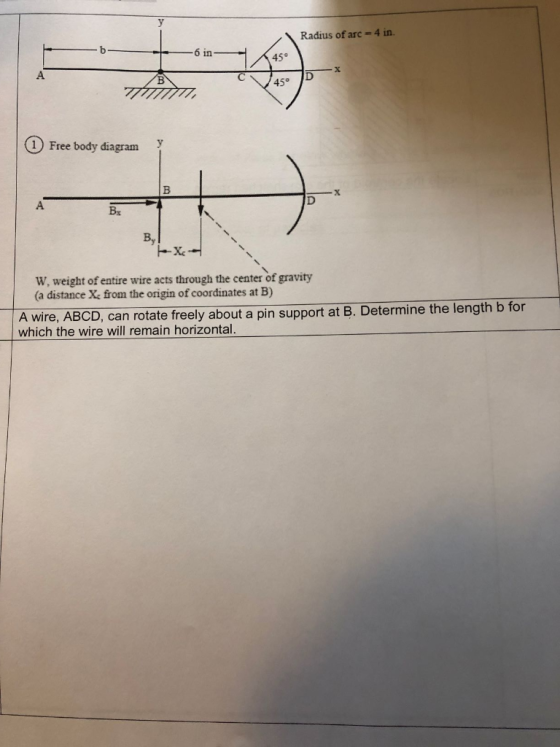 Radius of arc -4 in. 6 in 45 1 Free body diagram Bs By W, weight of entire wire acts through the center of gravity (a distanc