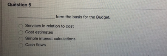 Question 5 form the basis for the Budget Services in relation to cost O Cost estimates Simple interest calculations Cash flow