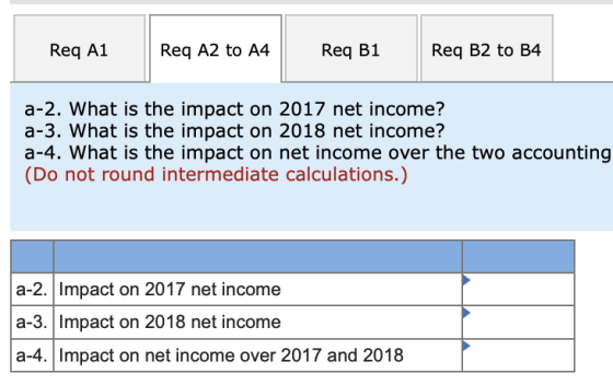 Req A1 Req A2 to A4Req B1 Req B2 to B4 a-2. What is the impact on 2017 net income? a-3. What is the impact on 2018 net income