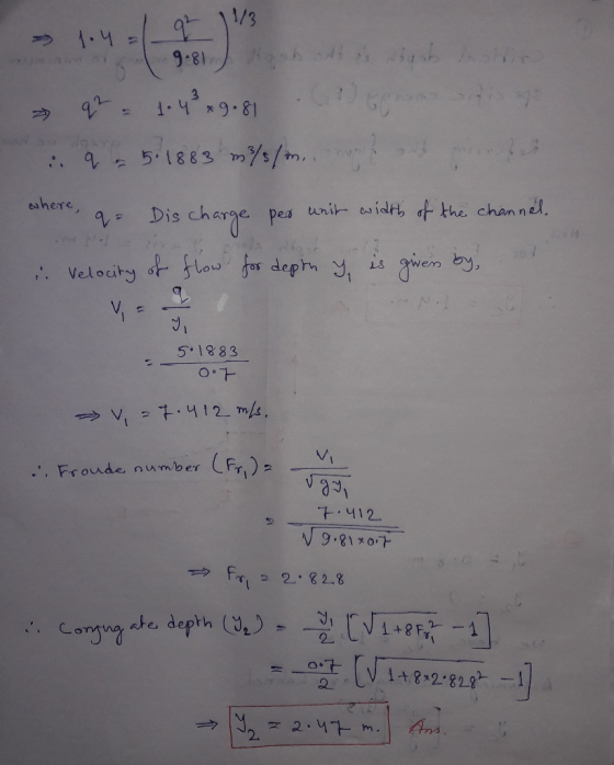 1/3 9:8 h A $2 4x9.8 Sa WG YP 5.1883 mys/m. eshere, Dis charge pes unit esidth the channel. Veloaty o flow for deph y, is en