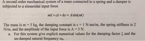 A second order mechanical system of a mass connected to a spring and a damper is subjected to a sinusoidal input force mi+ci