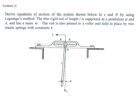 Problen /) Derive equations of motion of the system shown below in x and 0 by using Lagranges method. The thin rigid rod of