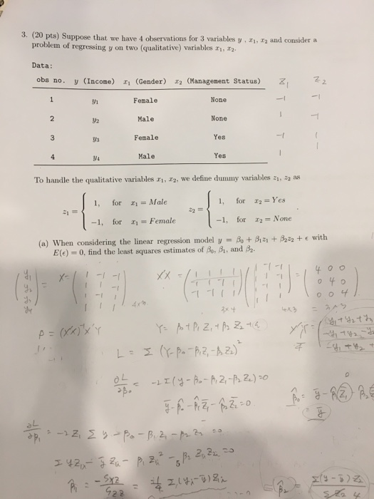 3. (20 pts) Suppose that we have 4 observations for 3 variables y,I, 2 and consider a problem of regressing y on two (qualita