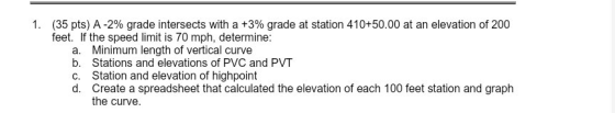 1. (35 pts) A-2% grade intersects with a +3% grade at station 410+50.00 at an elevation of 200 feet. If the speed limit is 70