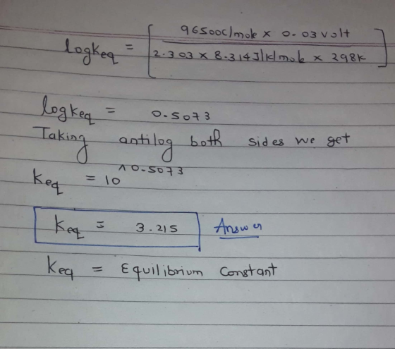 Logke 2-303 ke antilog bot Sid es we get = 10 3-2) weク kee-Equilibrium Constant U j