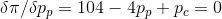 \delta \pi /\delta p_{p} = 104 - 4p_{p} + p_{c} = 0